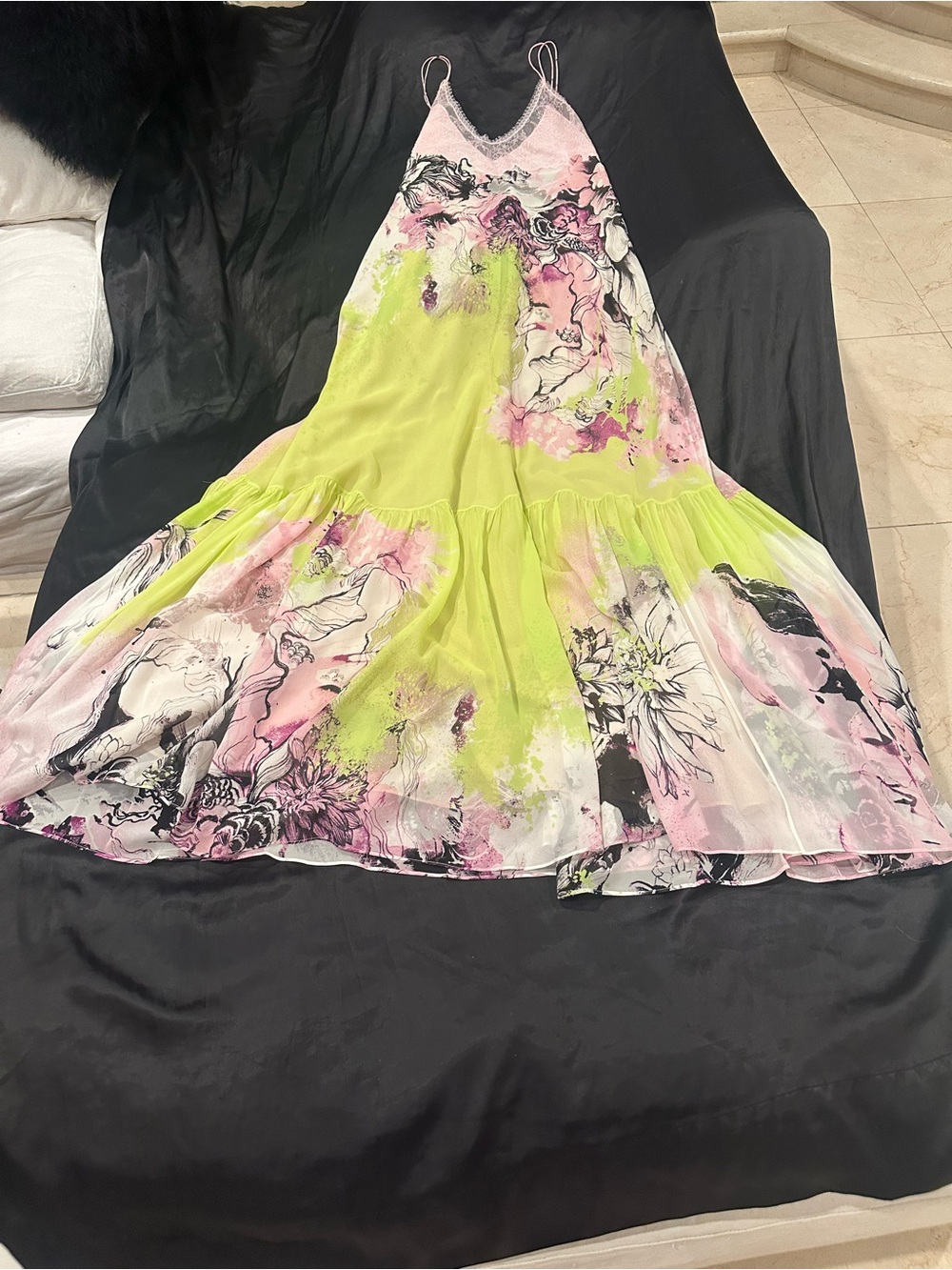 Roberto Cavalli Lime & Pink Floral Maxi Skirt Dress